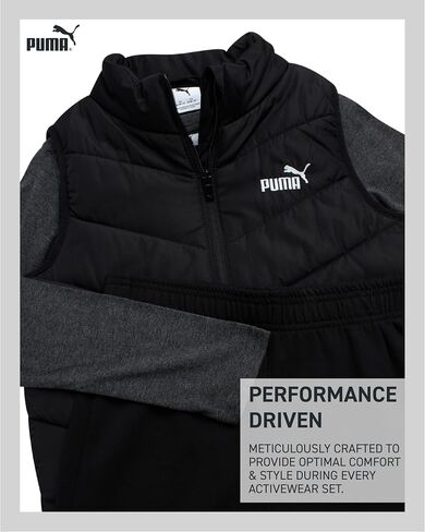 طقم سراويل للأولاد من PUMA - 3 قطع رياضية من البوليستر المنسوج بسحاب جيرسيه وأكمام طويلة وسروال جوغرز من الصوف (8-16) in Saudi Arabia