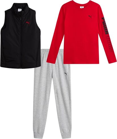 طقم سراويل للأولاد من PUMA - 3 قطع رياضية من البوليستر المنسوج بسحاب جيرسيه وأكمام طويلة وسروال جوغرز من الصوف (8-16) in Kuwait
