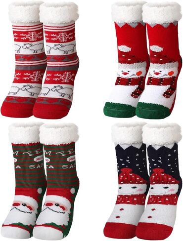 4 Packs Christmas Fluffy Slipper Socks Sherpa Thermal Socks with Grippers Non Slip Fuzzy Slipper Socks Christmas Winter Socks Gift for Women Men in Kuwait