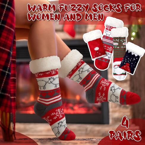 4 Packs Christmas Fluffy Slipper Socks Sherpa Thermal Socks with Grippers Non Slip Fuzzy Slipper Socks Christmas Winter Socks Gift for Women Men in Kuwait