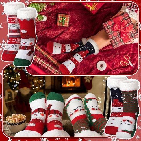 4 Packs Christmas Fluffy Slipper Socks Sherpa Thermal Socks with Grippers Non Slip Fuzzy Slipper Socks Christmas Winter Socks Gift for Women Men in Kuwait