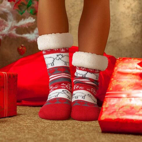 4 Packs Christmas Fluffy Slipper Socks Sherpa Thermal Socks with Grippers Non Slip Fuzzy Slipper Socks Christmas Winter Socks Gift for Women Men in Kuwait