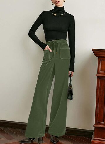 Acelitt Womens Velvet Pants Casual Elastic Waist Straight Leg Stretchy Loose Long Pant with Pockets Fall Outfits for Women in Saudi Arabia