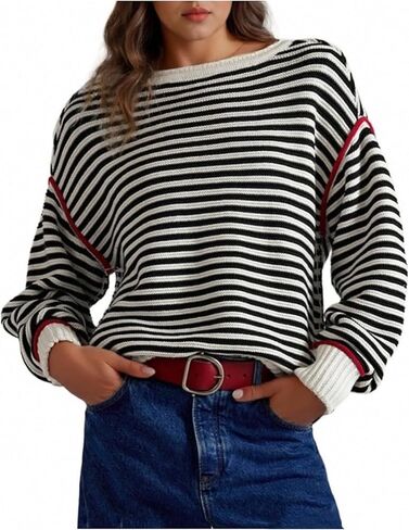 Womens Striped Sweater Fall Casual Crew Neck Long Sleeve Knit Pullover Tops Trendy Y2k Loose Cute Sweaters in Kuwait