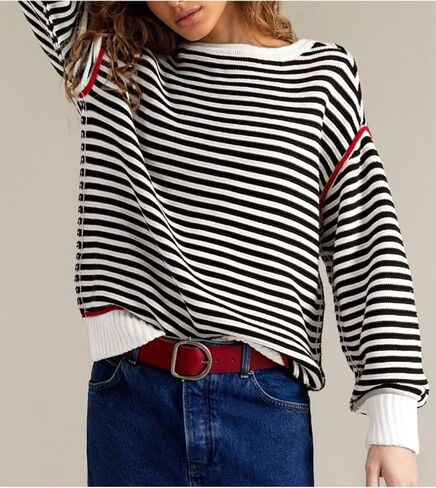 Womens Striped Sweater Fall Casual Crew Neck Long Sleeve Knit Pullover Tops Trendy Y2k Loose Cute Sweaters in Kuwait