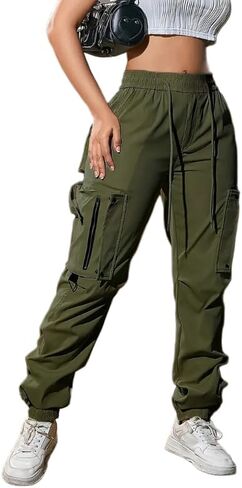 Ladies' Casual Pants。High-Waisted Cargo Jogger Pants, Elastic Waistband, Multiple Pockets, Available in Black and Khaki in Saudi Arabia