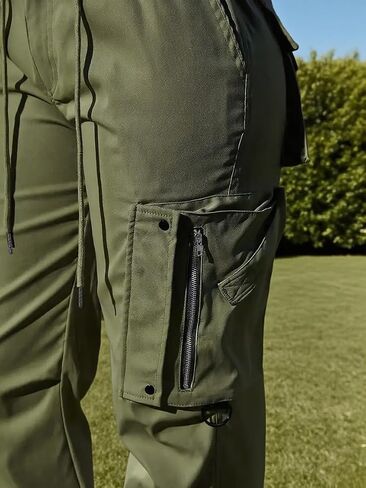 Ladies' Casual Pants。High-Waisted Cargo Jogger Pants, Elastic Waistband, Multiple Pockets, Available in Black and Khaki in Saudi Arabia