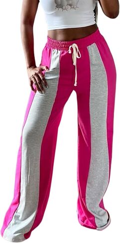 Women Soft Sweatpants,Wide Leg Drawstring Elastic Waist Color Block Lounge Pants Workout Joggers in Saudi Arabia