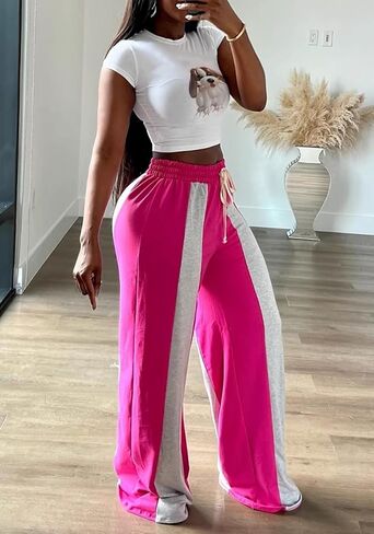 Women Soft Sweatpants,Wide Leg Drawstring Elastic Waist Color Block Lounge Pants Workout Joggers in Saudi Arabia