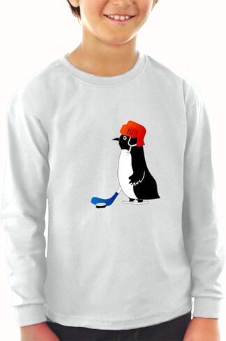 Kids Long Sleeve T Shirt Penguin Playing Hockey Cotton Boy & Girl Clothes Funny Graphic Tee A White Design Only 3T in Saudi Arabia