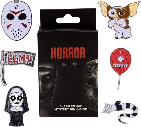 Warner Bros. Horror Movies Mystery Enamel Pin Blind Box Series, Gizmo, Sandworm, IT's Balloon, Jason's Hockey Mask, A Nightmare on Elm Street Sign, or The Nun in Saudi Arabia