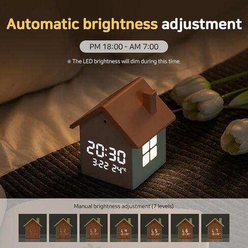 FLAITO Mood Home LED Table Clock – House-Shaped Night Light Alarm Clock with Auto-Dimming, Snooze, Date & Temperature Display – White & Maple Options, USB-C Cable Included (Maple) in Saudi Arabia