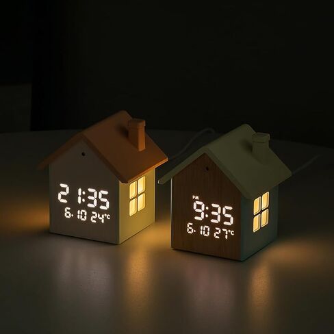 FLAITO Mood Home LED Table Clock – House-Shaped Night Light Alarm Clock with Auto-Dimming, Snooze, Date & Temperature Display – White & Maple Options, USB-C Cable Included (Maple) in Saudi Arabia
