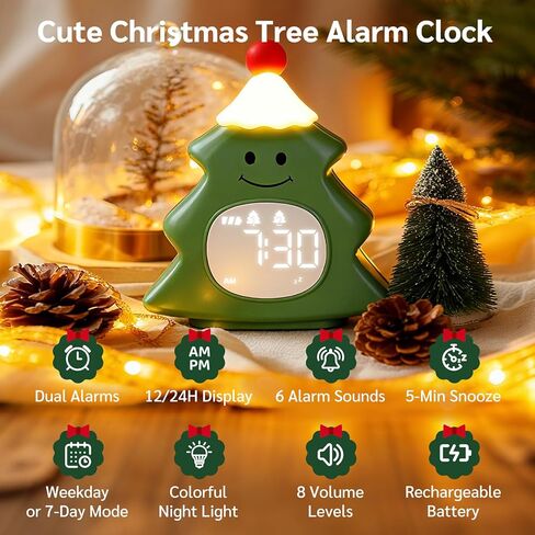 Yiliaw Kids Alarm Clock with Night Light, Christmas Tree Wake Up Clock, Rechargeable Cute Alarm Clock for Bedroom, for Boys and Girls, White in Kuwait