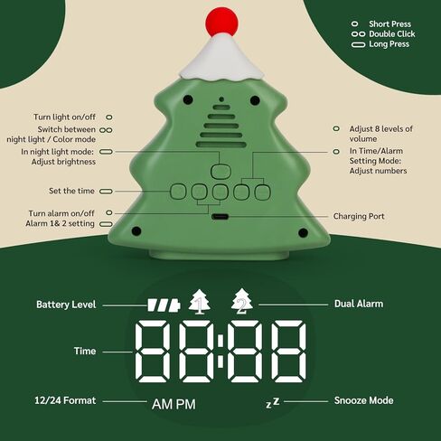 Yiliaw Kids Alarm Clock with Night Light, Christmas Tree Wake Up Clock, Rechargeable Cute Alarm Clock for Bedroom, for Boys and Girls, White in Kuwait