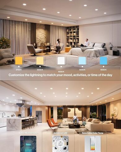 Sunco 4 عبوات 5CCT LED سوداء غائرة 6 بوصة، 2700K/3000K/3500K/4000K/5000K قابلة للتحديد، مصابيح خافتة للضوء، زخرفة حاجزة، 13 وات = 120 وات، 869 لومن، تصنيف رطب، تركيب تحديثي - مدرج في قائمة UL in Saudi Arabia