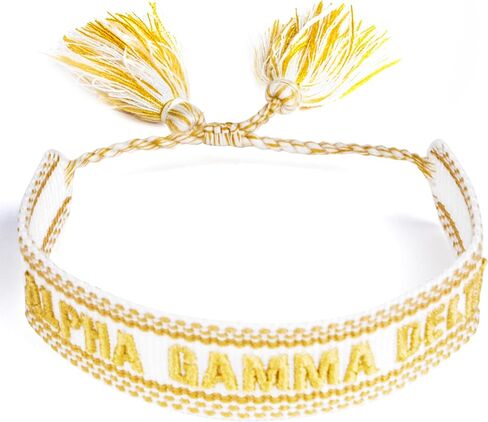 Sorority Shop Alpha Gamma Delta Bracelet — Woven Bracelet, White and Gold Design with AGD Sorority Name and Tassels, Greek Sorority Jewelry and Big Little Sorority Gifts in Saudi Arabia