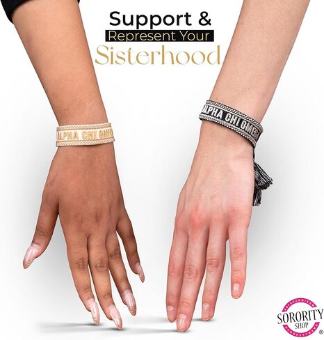 Sorority Shop Alpha Gamma Delta Bracelet — Woven Bracelet, White and Gold Design with AGD Sorority Name and Tassels, Greek Sorority Jewelry and Big Little Sorority Gifts in Saudi Arabia