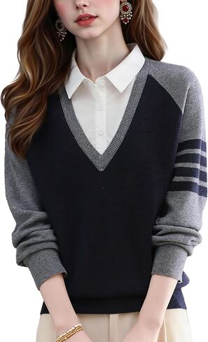 LAI MENG FIVE CATS Women's V-Neck Sweater Collared 2 in 1 Long Sleeve Striped Pullover Knit Contrast Blouse in Saudi Arabia
