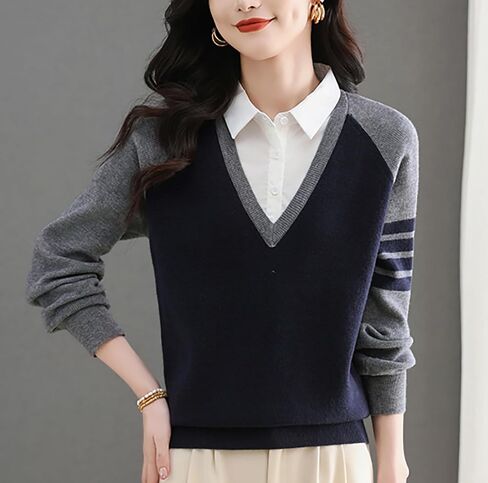 LAI MENG FIVE CATS Women's V-Neck Sweater Collared 2 in 1 Long Sleeve Striped Pullover Knit Contrast Blouse in Saudi Arabia