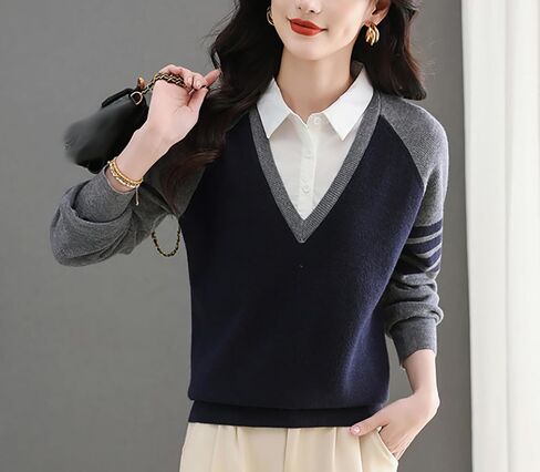 LAI MENG FIVE CATS Women's V-Neck Sweater Collared 2 in 1 Long Sleeve Striped Pullover Knit Contrast Blouse in Saudi Arabia