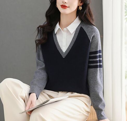 LAI MENG FIVE CATS Women's V-Neck Sweater Collared 2 in 1 Long Sleeve Striped Pullover Knit Contrast Blouse in Saudi Arabia