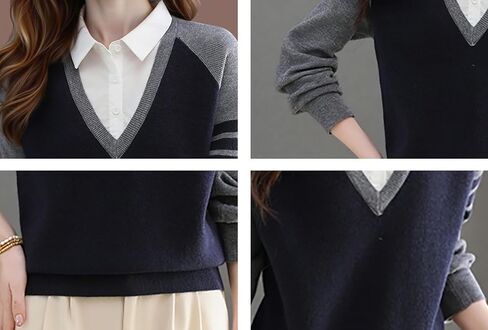 LAI MENG FIVE CATS Women's V-Neck Sweater Collared 2 in 1 Long Sleeve Striped Pullover Knit Contrast Blouse in Saudi Arabia