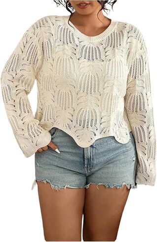Women's Plus Size Crochet Hollow Out Crop Sweater Crew Neck Bell Long Sleeve Pullover Knit Tops in Saudi Arabia