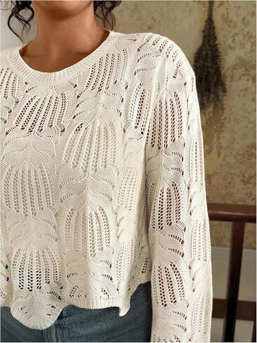 Women's Plus Size Crochet Hollow Out Crop Sweater Crew Neck Bell Long Sleeve Pullover Knit Tops in Saudi Arabia