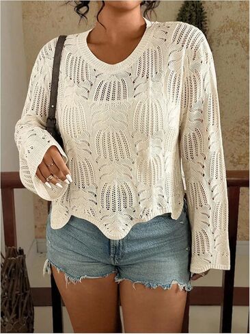 Women's Plus Size Crochet Hollow Out Crop Sweater Crew Neck Bell Long Sleeve Pullover Knit Tops in Saudi Arabia