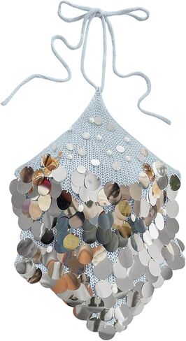 MakeMeChic Women's Summer Y2K Party Halter Tops Pearl Beaded Sequin Sweater Knitted Crop Tops in Kuwait
