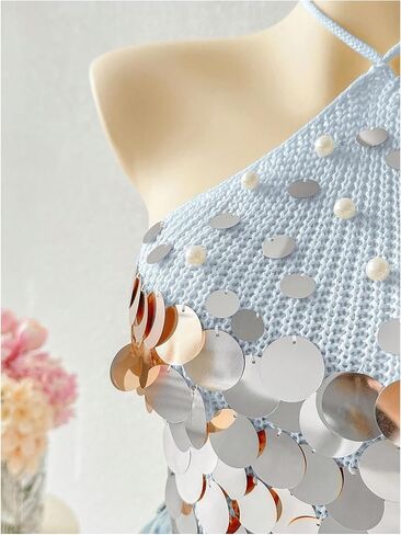 MakeMeChic Women's Summer Y2K Party Halter Tops Pearl Beaded Sequin Sweater Knitted Crop Tops in Kuwait
