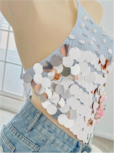 MakeMeChic Women's Summer Y2K Party Halter Tops Pearl Beaded Sequin Sweater Knitted Crop Tops in Kuwait