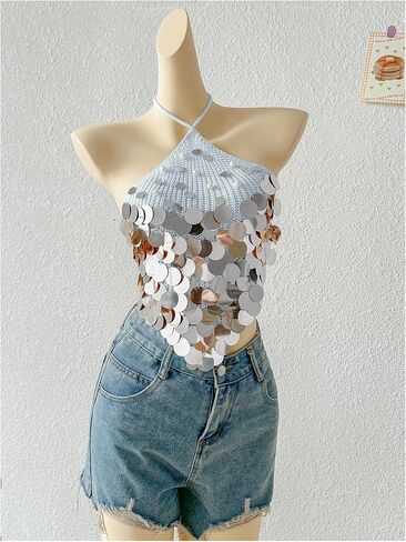 MakeMeChic Women's Summer Y2K Party Halter Tops Pearl Beaded Sequin Sweater Knitted Crop Tops in Kuwait