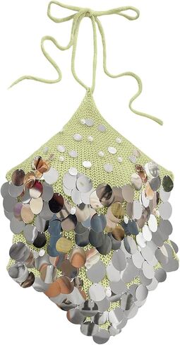 MakeMeChic Women's Summer Y2K Party Halter Tops Pearl Beaded Sequin Sweater Knitted Crop Tops in Saudi Arabia