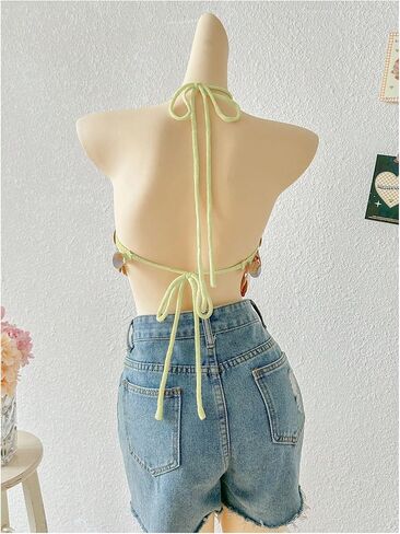 MakeMeChic Women's Summer Y2K Party Halter Tops Pearl Beaded Sequin Sweater Knitted Crop Tops in Saudi Arabia
