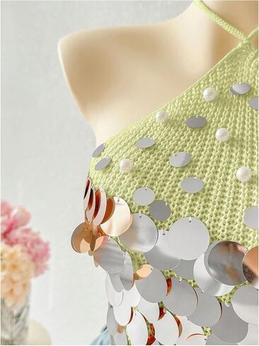 MakeMeChic Women's Summer Y2K Party Halter Tops Pearl Beaded Sequin Sweater Knitted Crop Tops in Saudi Arabia
