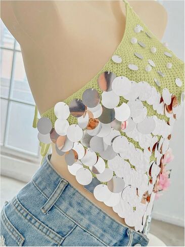 MakeMeChic Women's Summer Y2K Party Halter Tops Pearl Beaded Sequin Sweater Knitted Crop Tops in Saudi Arabia
