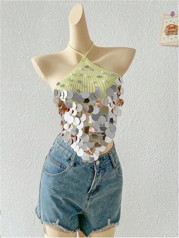 MakeMeChic Women's Summer Y2K Party Halter Tops Pearl Beaded Sequin Sweater Knitted Crop Tops in Saudi Arabia