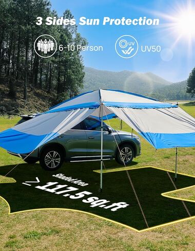 JOYTUTUS Versatile Vehicle Awning with 3 Removable Sides, Large Car Awning 11.5FT * 7.9FT, UV50+ and Waterproof PU2000mm Truck Canopy, SUV Camping Sunshade with 8 Storage Pockets in Saudi Arabia