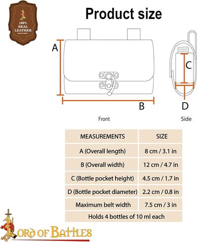 Lord of Battles Medieval Alchemy Buff Leather Belt Bag with 4 Mini Glass Bottles | The Elfic Potion Vintage Belt Waist Pouch Side Pack for Ren Faire, Cosplay (Brown) in Saudi Arabia