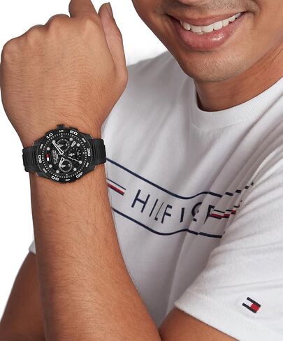 Tommy Hilfiger TH-Regatta Men's Chronograph Quartz Watch – 44mm Stainless Steel Case, Rotating Bezel, Silicone Strap, Nautical- Inspired Sport Style, Gift for Him in Saudi Arabia