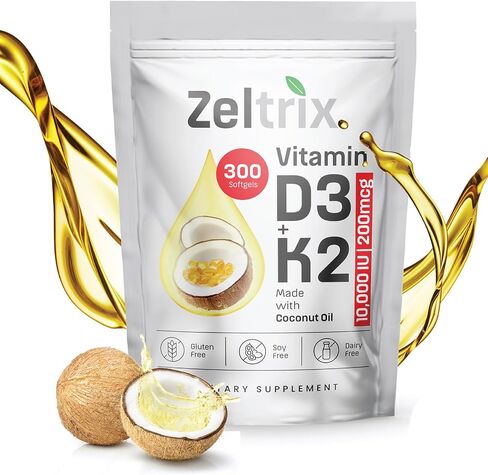 Vitamin D3 K2 10000 IU with MK-7 200 mcg – 300 Softgels – High Potency D3 K2 Supplement with Coconut Oil – Supports Bone, Heart, Immune & Teeth Health – Non-GMO, Gluten-Free, Easy to Swallow in Saudi Arabia