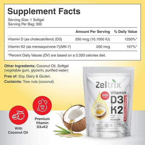 Vitamin D3 K2 10000 IU with MK-7 200 mcg – 300 Softgels – High Potency D3 K2 Supplement with Coconut Oil – Supports Bone, Heart, Immune & Teeth Health – Non-GMO, Gluten-Free, Easy to Swallow in Saudi Arabia