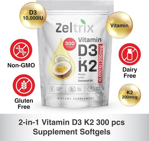Vitamin D3 K2 10000 IU with MK-7 200 mcg – 300 Softgels – High Potency D3 K2 Supplement with Coconut Oil – Supports Bone, Heart, Immune & Teeth Health – Non-GMO, Gluten-Free, Easy to Swallow in Saudi Arabia