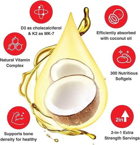 Vitamin D3 K2 10000 IU with MK-7 200 mcg – 300 Softgels – High Potency D3 K2 Supplement with Coconut Oil – Supports Bone, Heart, Immune & Teeth Health – Non-GMO, Gluten-Free, Easy to Swallow in Saudi Arabia