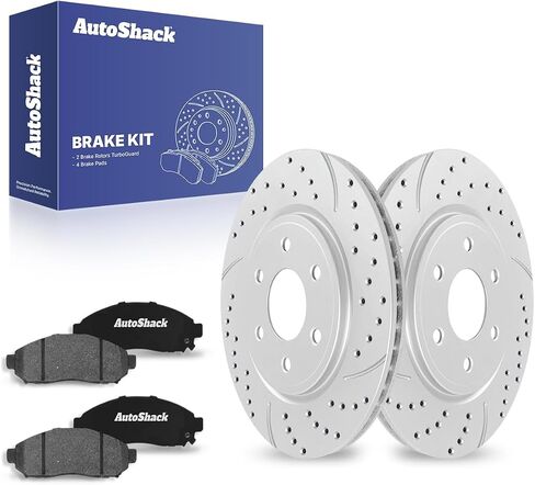 AutoShack Front Drilled & Slotted Brake Rotors Ceramic Brake Pads | Replacement for Suzuki Equator Nissan Xterra Pathfinder 2005-2024 Frontier 4WD | Silver Matte Finish | 6-PC Brake Kit | TurboGuard in Saudi Arabia