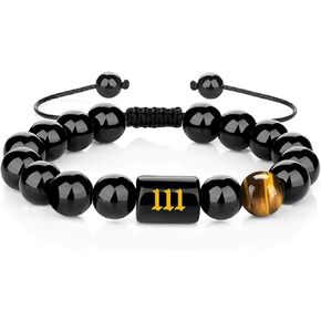 Angel Number Bracelet for Women – Black Onyx & Tiger Eye Adjustable Crystal Bracelet for Healing, Protection, Manifestation – Spiritual Jewelry Gift Box Included in Kuwait