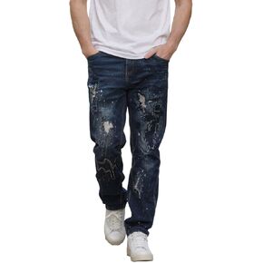 Men's Slim Fit Stretch Printed Jeans Patchwork Skinny Straight Denim Pants in Saudi Arabia