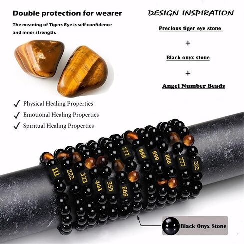 Angel Number Bracelet for Women – Black Onyx & Tiger Eye Adjustable Crystal Bracelet for Healing, Protection, Manifestation – Spiritual Jewelry Gift Box Included in Saudi Arabia